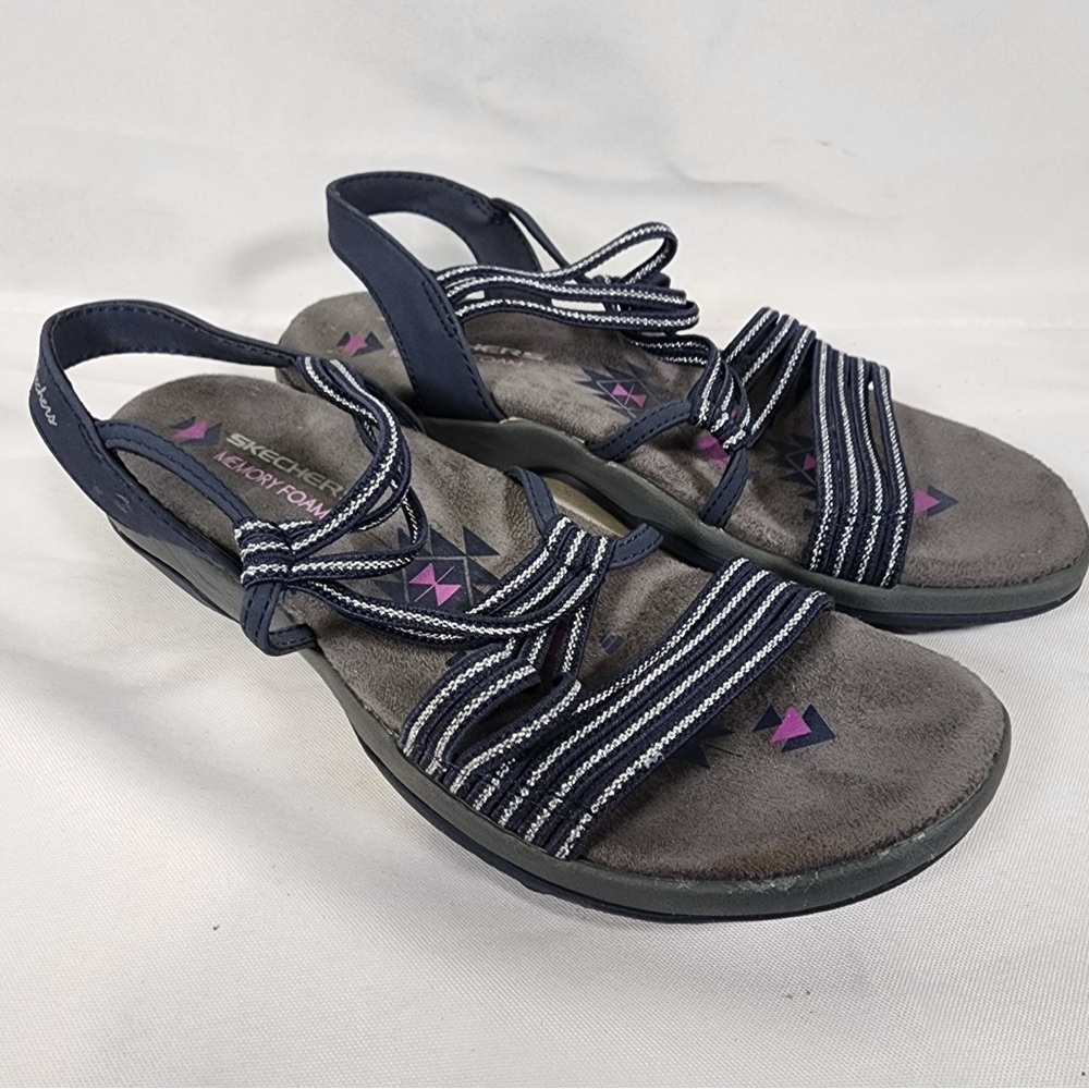 Skechers Sandals Womens 8 Slingback Blue Striped Strappy Open Toe